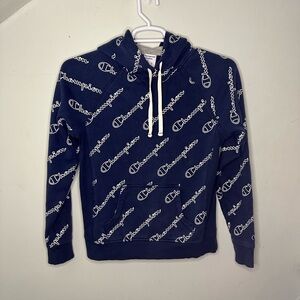 CHAMPION Authentic All Over Logo Navy Blue Hoodie Sweatshirt